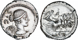 Roman Republic
Carisia
Denario. 46 a.C. CARISIA. T. Carisius. Anv.: Busto alado de Victoria a derecha, con joya y diadema de perlas, detrás SC. Rev....
