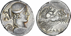 Roman Republic
Carisia
Denario. 46 a.C. CARISIA. T. Carisius. Rev.: En exergo: T. CARSI. 3,62 grs. Pátina y restos de brillo original. Rara así. EBC...