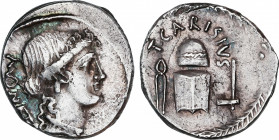 Roman Republic
Carisia
Denario. 46 a.C. CARISIA. T. Carisius. Anv.: MONETA. Rev.: T. CARISIVS. 3,70 grs. Pátina y restos de brillo original. Escasa....