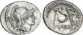 Roman Republic
Carisia
Denario. 46 a.C. CARISIA. T. Carisius. Anv.: Cabeza de Roma a derecha, detrás ROMA. Rev.: T. CARIS. 3,92 grs. EBC. / Carisius...