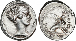 Roman Republic
Carisia
Denario. 46 a.C. CARISIA. T. Carisius. Anv.: Cabeza de Sivila a derecha. Rev.: Esfinge sentada a derecha, delante, T. CARISIV...