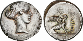 Roman Republic
Carisia
Denario. 46 a.C. CARISIA. T. Carisius. Rev.: Esfinge sentada a derecha, delante en vertical, T. CARISIVS. En exergo: (III) VI...
