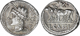 Roman Republic
Cassia
Denario. 102 a.C. CASSIA. L. Cassius Caecianus. Anv.: Cabeza laureada de Ceres a izquierda, detrás A. y leyenda: CAECIAN. Rev....
