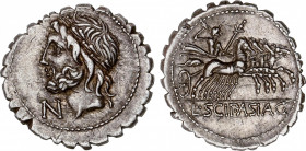 Roman Republic
Cornelia
Denario. 106 a.C. CORNELIA. L. Cornelius Scipio Asiagenus. Anv.: Cabeza laureada de Júpiter a izquierda, debajo del mentón l...