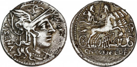 Roman Republic
Cornelia
Denario. 118 a.C. CORNELIA. Cnaeus Cornelius L.f. Sisenna. Anv.: Cabeza de Roma a derecha, delante X, ROMA y detrás SISENA. ...