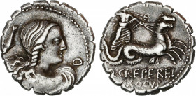 Roman Republic
Crepereia
Denario. 72 a.C. CREPEREIA. Q. Crepereius M.f. Rocus. Anv.: Busto de Anphitrite a derecha entre pez y letra O. Rev.: Neptun...