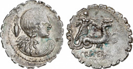 Roman Republic
Crepereia
Denario. 72 a.C. CREPEREIA. Q. Crepereius M.f. Rocus. Anv.: Busto de Anphitrite a derecha entre sepia y letra F. Rev.: Nept...
