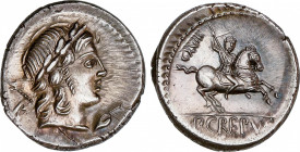 Roman Republic
Crepusia
Denario. 82 a.C. CREPUSIA. Publius Crepusius. Anv.: Cabeza laureada de Apolo a derecha, detrás R y cetro, delante arado. Rev...