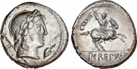 Roman Republic
Crepusia
Denario. 82 a.C. CREPUSIA. Publius Crepusius. Anv.: Cabeza laureada de Apolo a derecha, detrás R y cetro, delante hoja. Rev....