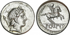 Roman Republic
Crepusia
Denario. 82 a.C. CREPUSIA. Publius Crepusius. Anv.: Cabeza laureada de Apolo a derecha, detrás cetro y delante letra V. Rev....