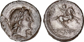 Roman Republic
Crepusia
Denario. 82 a.C. CREPUSIA-1. Publius Crepusius. Anv.: Cabeza laureada de Apolo a derecha, detrás cetro y delante letra V. Re...