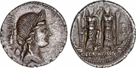 Roman Republic
Egnatia
Denario. 75 a.C. EGNATIA. Cn. Egnatius Cn. f. Cn. n. Maxsumus. Anv.: Busto diademado de Libertad a derecha, detrás gorro frig...