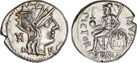 Roman Republic
Fabia
Denario. 126 a.C. FABIA. Numerius Fabius Pictor. Anv.: Cabeza de Roma a derecha, detrás *, delante N. Rev.: Q. Fabius Píctor se...