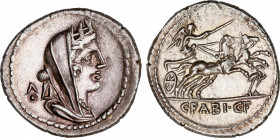 Roman Republic
Fabia
Denario. 104 a.C. FABIA. C. Fabius C.f. Hadrianus. Anv.: Cabeza de Cibeles velada a derecha, detrás letra griega ¶sobre punto. ...