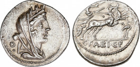 Roman Republic
Fabia
Denario. 104 a.C. FABIA. C. Fabius C.f. Hadrianus. Anv.: Cabeza de Cibeles velada a derecha, detrás O debajo punto. Rev.: Victo...