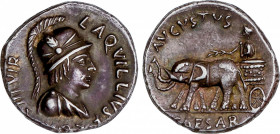 Roman Empire
Augustus (27 BC-14 AD)
Denario. Acuñada el 19 a.C. AUGUSTO. L. Aquillius Florus. Anv.: L. AQVILLIS FLORVS III. VIR. Busto con casco del...