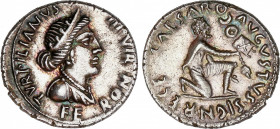 Roman Empire
Augustus (27 BC-14 AD)
Denario. Acuñada el 19 a.C. AUGUSTO. P. Petronius Turpilianus. Anv.: TVRPILIANVS III. VIR. FERON. Busto diademad...