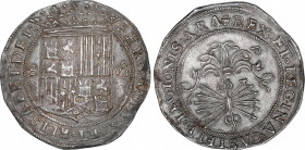 Ferdinand and Isabella (1479-1516)
8 Reales. SEVILLA. Anv.: S - Escudo - VIII roel encima. Rev.: 6 Flechas. P tumbada en campo. 27,26 grs. Bonita pát...