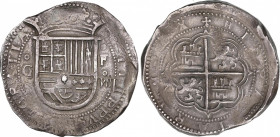 Philip II (1556-1598)
8 Reales. S/F. GRANADA. F. Anv.: G entre circulitos - Escudo - F roel encima / VIII roel en cima. Sin adornos entre escudo y co...