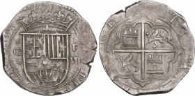 Philip II (1556-1598)
8 Reales. S/F. GRANADA. F. Anv.: G entre circulitos - Escudo - F roel encima / VIII roel encima. Rev.: Adornos entre escudo y c...