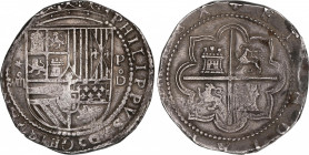 Philip II (1556-1598)
8 Reales. S/F. LIMA. D. Anv.: Estrella / VIII roel encima - Escudo - P / D roel encima. 27,33 grs. Acuñada entre 1577-1588. Pát...