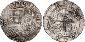 Philip II (1556-1598)
8 Reales. S/F. LIMA. D. Anv.: Estrella / 8 - Escudo - P / D roel encima. 27,48 grs. Acuñada entre 1577-1588. Muy escasa. EBC. /...