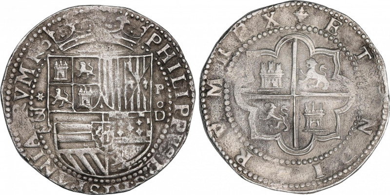 Philip II (1556-1598)
8 Reales. S/F. LIMA. Anv.: Estrella / 8 abierto - Escudo ...