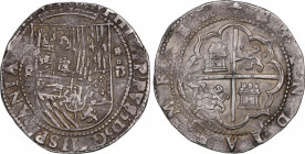 Philip II (1556-1598)
8 Reales. S/F. LIMA. D. Anv.: P / 8 - Escudo - estrella / D roel encima. 27,02 grs. Acuñada entre 1577-1588. Escasa. MBC+. / St...