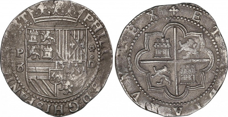 Philip II (1556-1598)
8 Reales. S/F. LIMA. D. Anv.: P / 8 abierto - Escudo - es...