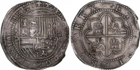Philip II (1556-1598)
8 Reales. S/F. LIMA. D. Anv.: estrella / D roel encima - Escudo - (P) / VIII roel encima. 27,10 grs. Acuñada entre 1577-1588. B...