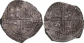 Philip II (1556-1598)
8 Reales. S/F. LIMA. M. Anv.: P / M - Escudo - VIII roel encima. 26,84 grs. Variante HYSPAN en leyenda del anverso. Podría trat...