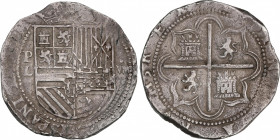 Philip II (1556-1598)
8 Reales. S/F. LIMA. L. Anv.: P / L - Escudo - VIII roel encima. 27,33 grs. Rara. MBC+. / Rare and choice very fine. AC-670 (Po...