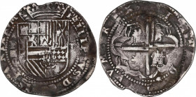 Philip II (1556-1598)
8 Reales. S/F. CECA DE LA PLATA. C. Anv.: P / C - Escudo - VIII. 26,87 grs. Rayitas. Rara. MBC. / Hairlines. Rare and very fine...
