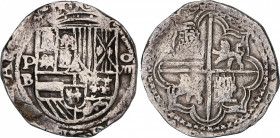 Philip II (1556-1598)
8 Reales. S/F. POTOSÍ. B. Anv.: P / B - Escudo - VIII roel encima. 26,56 grs. Gráfila de cruces. MBC. / Border of crosses. Very...