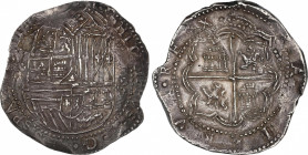 Philip II (1556-1598)
8 Reales. S/F. POTOSÍ. A. Anv.: P / A - Escudo - VIII roel encima. 27,06 grs. Pátina oscura. EBC. / Dark patina. Extremely fine...