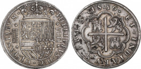 Philip II (1556-1598)
8 Reales. 15+86. SEGOVIA. Encapsulada por NGC AU 53 (nº 5781054-020). Anv.: Acueducto vertical de 7 arcos y 2 pisos. Ceca y val...