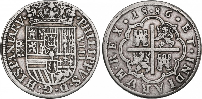 Philip II (1556-1598)
8 Reales. 15.86. SEGOVIA. Anv.: Acueducto vertical de 3 a...
