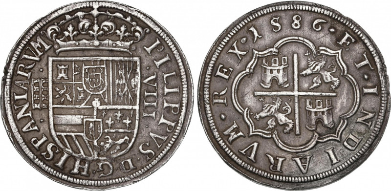 Philip II (1556-1598)
8 Reales. 1586. SEGOVIA. Anv.: Acueducto vertical de 3 ar...
