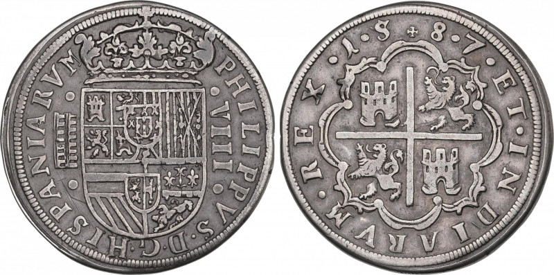 Philip II (1556-1598)
8 Reales. .1.5+8.7. SEGOVIA. Anv.: Acueducto vertical de ...