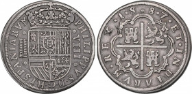 Philip II (1556-1598)
8 Reales. .1.5+8.7. SEGOVIA. Anv.: Acueducto vertical de 7 arcos y 2 pisos. Ceca y valor (VIII) entre puntos. Final leyenda: HI...