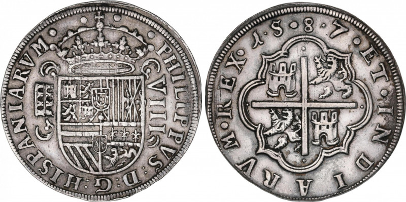 Philip II (1556-1598)
8 Reales. 1587 dígitos entre roeles. SEGOVIA. Anv.: Acued...