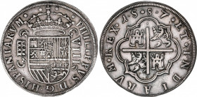 Philip II (1556-1598)
8 Reales. 1587 dígitos entre roeles. SEGOVIA. Anv.: Acueducto vertical de 3 arcos y 2 pisos. Ceca y valor (VIII) entre palmas. ...