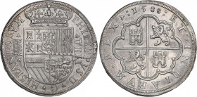 Philip II (1556-1598)
8 Reales. 1588. SEGOVIA. Anv.: Similar al lote anterior, variante sin adorno debajo del valor VIII. 27,17 grs. Rotura de cuño e...