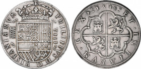 Philip II (1556-1598)
8 Reales. 1588. SEGOVIA. Anv.: Similar al lote anterior. Ceca y valor entre adornos en forma de cenefas. Sin adornos en leyenda...