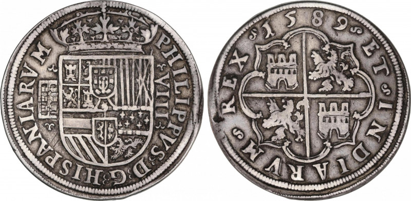 Philip II (1556-1598)
8 Reales. 1589. SEGOVIA. Anv.: Acueducto vertical de 4 ar...