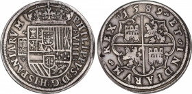 Philip II (1556-1598)
8 Reales. 1589. SEGOVIA. Anv.: Acueducto vertical de 4 arcos y 2 pisos. Variante corona y adornos. 26,81 grs. Muy escasa. MBC. ...