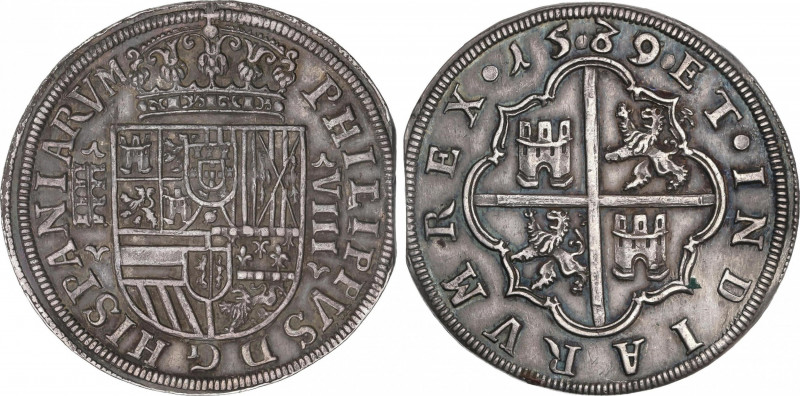 Philip II (1556-1598)
8 Reales. 15.89/7. SEGOVIA. Anv.: Acueducto vertical de 3...