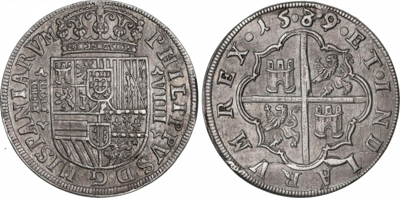 Philip II (1556-1598)
8 Reales. 15.89/7. SEGOVIA. 26,96 grs. Similar al lote an...