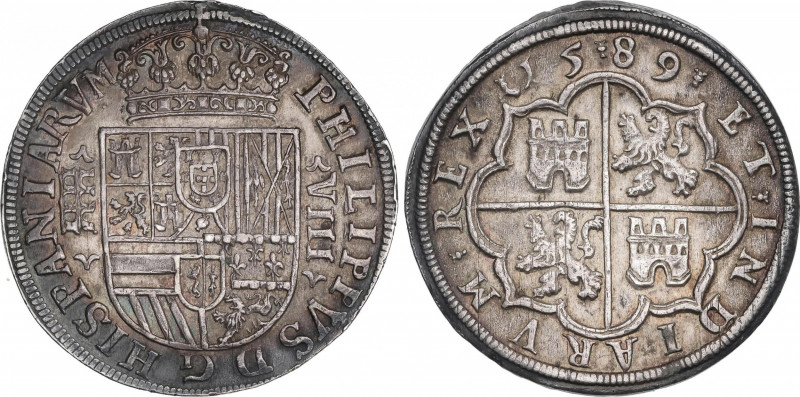 Philip II (1556-1598)
8 Reales. 15.89. SEGOVIA. Anv.: Acueducto vertical de 3 a...