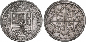 Philip II (1556-1598)
8 Reales. 1589. SEGOVIA. Anv.: Acueducto vertical de 3 arcos y 1 piso. 27,21 grs. Rara. EBC. / Rare and extremely fine. AC-713;...